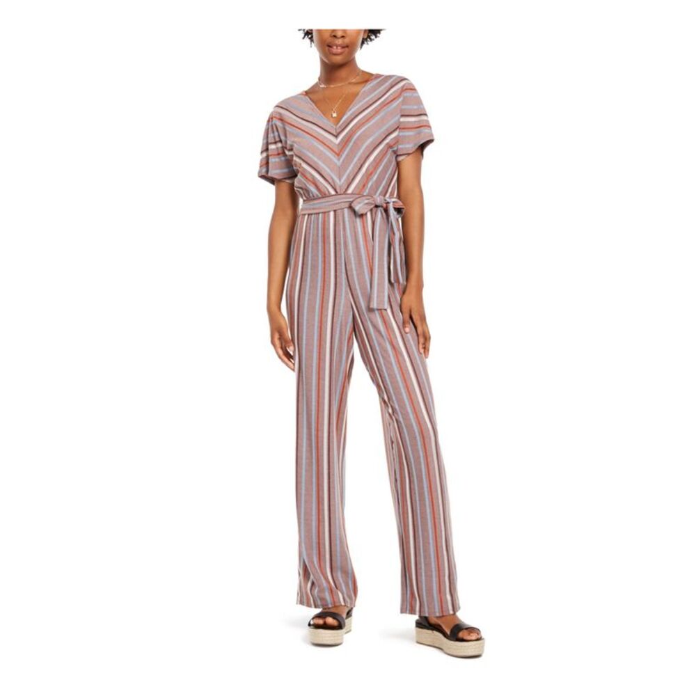 CRYSTAL DOLLS Womens Wide Leg Jumpsuit Brown Belted Short Sleeve Juniors S
